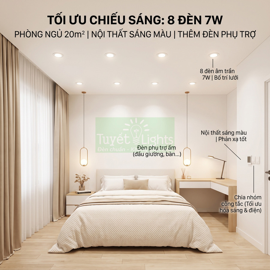 Phòng ngủ 20m2 nội thất sáng màu sử dụng 8 đèn âm trần 7W Tuyết Lights và đèn phụ trợ đầu giường